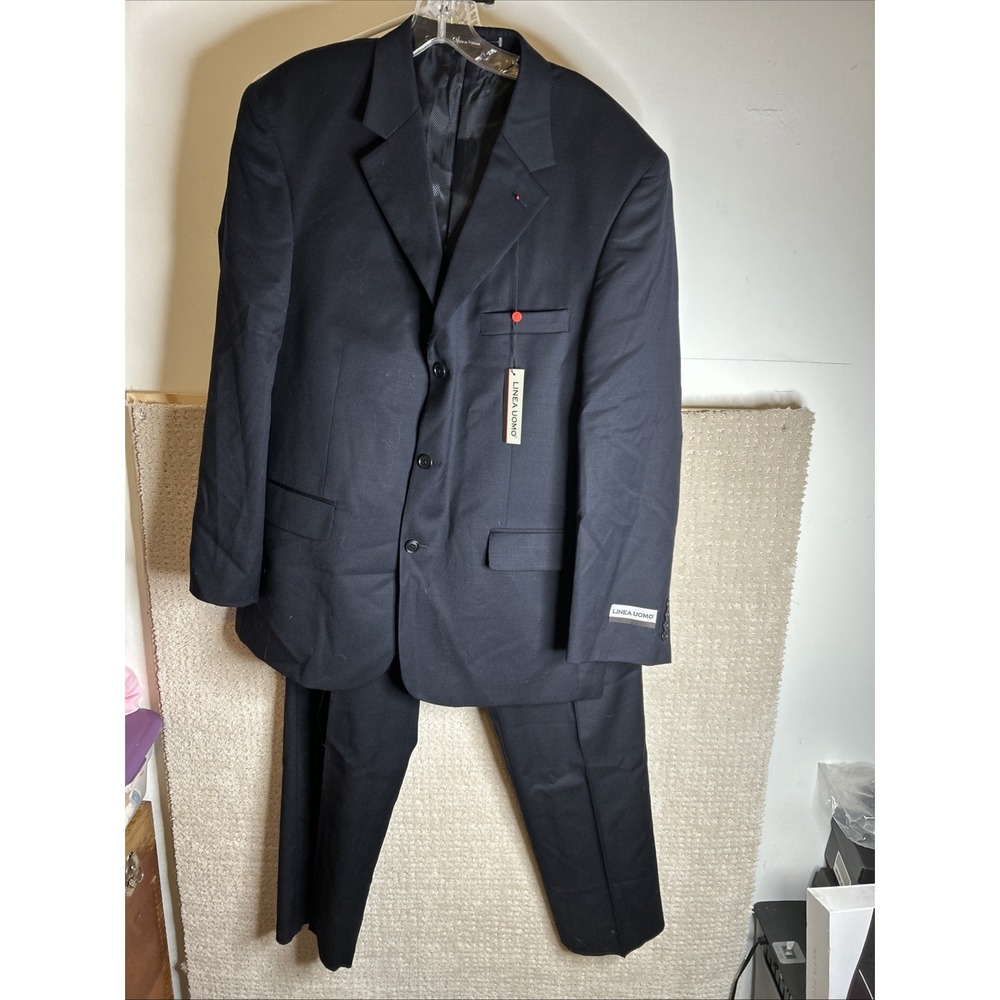Linea Uomo Men's Navy Wool Suit 3 Button Jacket And Pants Size 44R NWT